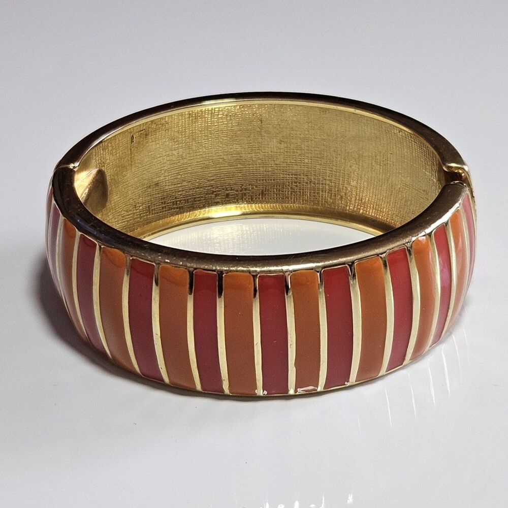 Banana Republic Orange Enamel And Gold Tone Hinged  Bangle Bracelet 6.5" - Picture 12 of 12